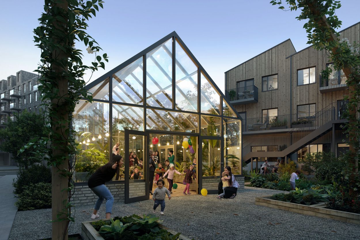 Visualiseringsbild från projektet Linnea Garden med växthus på innergården