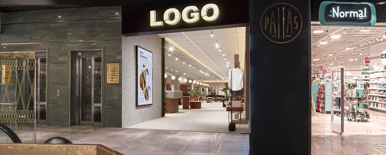 Visualisering av entrén till butikslokalen i Pallas Shopping i Borås. Strategiskt centralt läge med kända varumärken som grannar och ett mycket gott kundflöde.