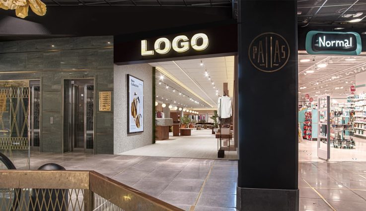 Visualisering av entrén till butikslokalen i Pallas Shopping i Borås. Strategiskt centralt läge med kända varumärken som grannar och ett mycket gott kundflöde.